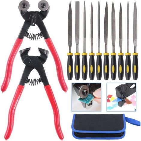 Lot de 12 outils de mosaïque, pinces à mosaïque en verre à roulettes et pince coupante pour carrelage avec 10 limes aiguilletées haute résistance (1/4)