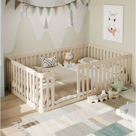 Letto bambino 90x200 cm con sponda di sicurezza semichiusa, struttura bassa, in legno, beige, senza materasso (1/5)