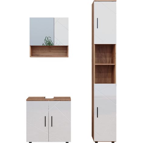 Badmöbel-Set Irma, Weiß Hochglanz/Goldkraft Eiche, 3 Teile, mit Hochschrank, Vicco