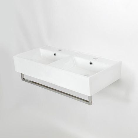 Milano Elswick White Ceramic Wall Hung Bathroom Basin Sink with Chrome Towel Rail - 820mm x 420mm