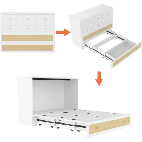 Lit escamotable 140 x 200 cm avec tiroir, étagère de tête de lit, USB et prise, blanc, sans matelas (1/5)