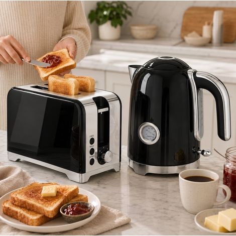 Frühstücksset Wasserkocher und Toaster 54,5x23,5x26 cm Kunststoff schwarz retro – MEUBLIV (1/5)