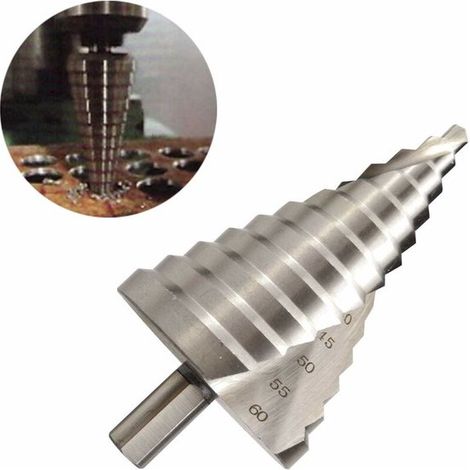 Stufenbohrer – Kegelbohrer – Stufenbohrer – 6–60 mm – 12 Stufen – Hochgeschwindigkeitsstahl – Silber – Rundschaft – Spiralförmiger Kegelstift – Rostbeständig – Geeignet für Holz, Metall und Kunststoff