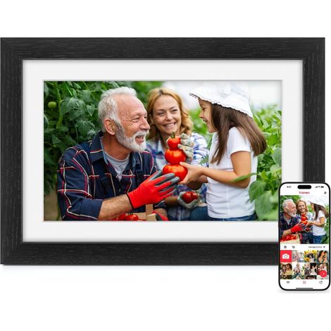 Cadre Photo Numérique WiFi 10.1 Pouces Bois Chêne Photo Électronique 32 GB Ecran Tactile IPS 1280 800 HD pour Partager Photos et Vidéos Montage Mural, Cadeau Femme Homme (1/5)
