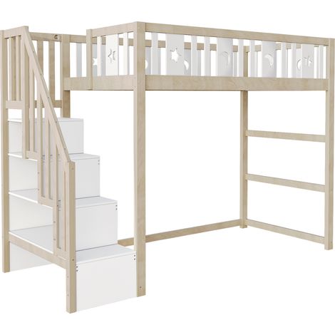 Lit mezzanine enfant 90 x 200 cm en bois avec escalier de rangement et barrières (1/5)