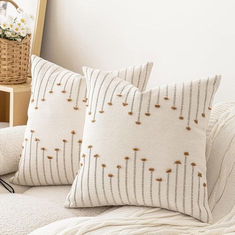Housse de coussin bohème 45 x 45 cm, housse de coussin texturée, style champêtre, pour canapé, salon, beige et marron (1/5)