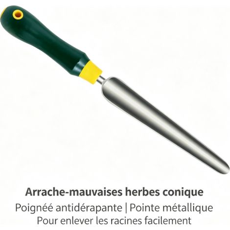 Arrache‑mauvaises herbes conique en acier inoxydable, poignée antidérapante, outil d’extraction des racines (1/5)