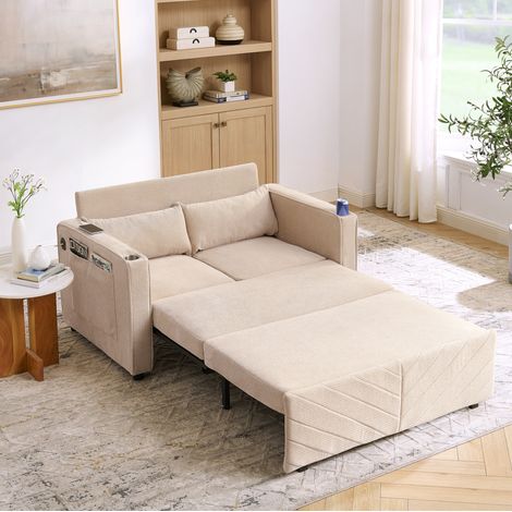Schlafsofa 3-in-1 aus Holz und Stoff, Beige, mit USB-Ladeports und Slide-to-Transform-Funktion (1/5)