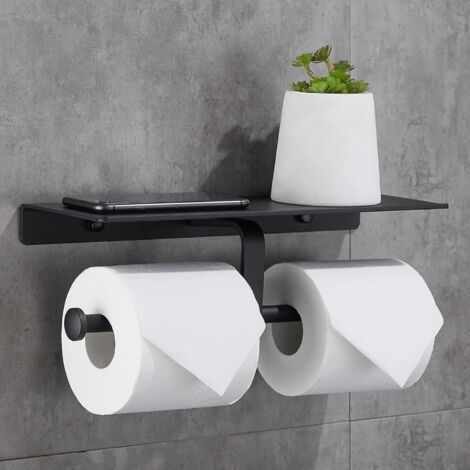 (Black) No Drilling Toilet Roll Holder with Cell Phone Holder Double Bathroom Wall Mounted (1/5)