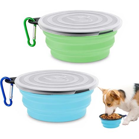 Collapsible Dog Bowl, 2 Pieces, BPA-Free Silicone, Light Blue and Green, 350 ml, Dishwasher Safe with Carabiners (1/5)