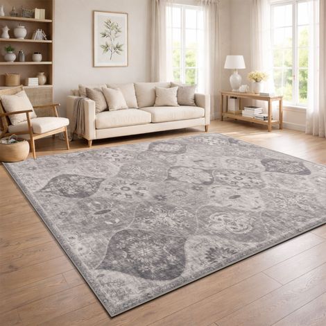 Paco Home Vintage Boho moderner Wohnzimmerteppich Kurzflor waschbar rutschfest grau Grau 200x280 cm