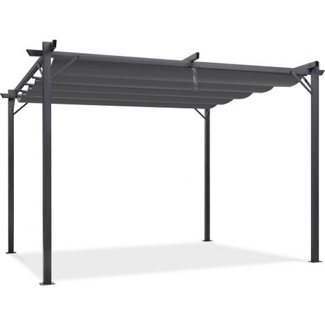Idmarket – Pergola toit rétractable 3,95 x 2,90 m – Structure en acier gris anthracite – Toile polyester 180 gr/m² – Fixation au sol incluse