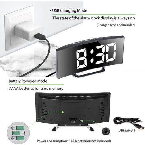 Réveil Numérique - Écran Miroir LED 17,8 cm - 12/24 Heures - Température Intégrée - Réglage Snooze - Alimentation USB ou Piles AAA - Blanc - 1 Pièce (1/5)