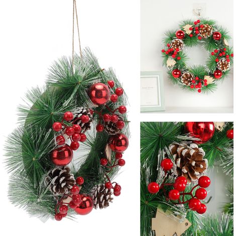 Décorations de Noël, couronnes de pommes de pin, couronnes de baies rouges artificielles faites à la main, décorations de porte, décorations de vitrine (1/5)