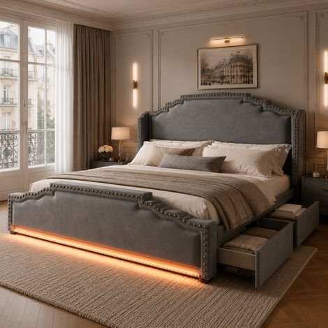 Lit rembourré 180x200 cm avec 4 tiroirs de rangement LED USB USB-C velours Gris (1/5)