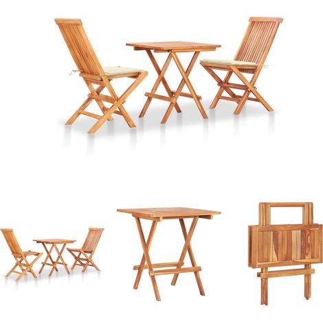 Holzstühle - vidaXL 3-tlg. Bistroset mit Cremeweißen Kissen Massivholz Teak - Holztisch (1/5)
