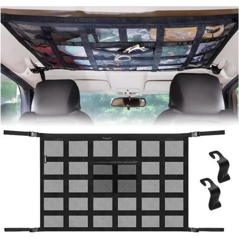 Filet Rangement Voiture 90cmx65cm, Multifonctionnel Filet Voiture Rangement avec 2 Crochet de Siège Auto, Filet de Rangement Camping