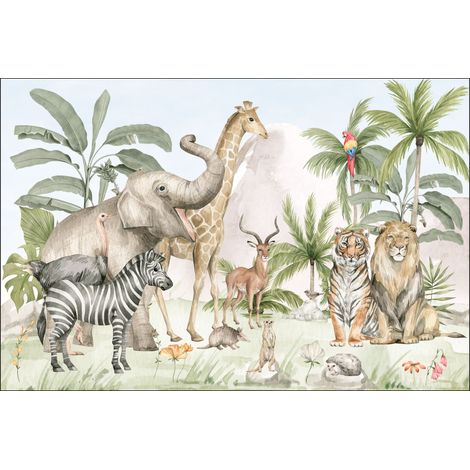Papier peint photo pour enfants : safari dans la jungle avec animaux sauvages sur fond de montagnes M023 200x135 (1/5)