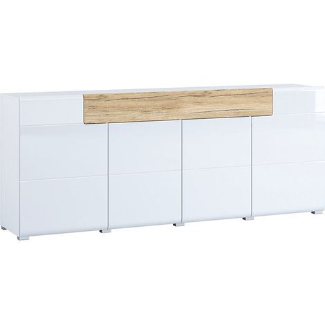 Petits-Meubles – Buffet 4 portes 1 tiroir blanc laqué et bois chêne San Remo – Dimensions 208 x 39 x 82 cm – Ouverture 'Push to open' – Fabrication européenne (1/5)