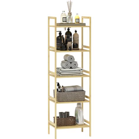 Étagère de rangement à 5 niveaux en bambou pour salle de bain, meuble de rangement autoportant avec étagère réglable pour cuisine, salle de bain et salon, finition bois naturel