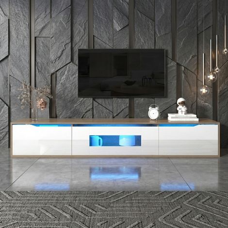 Meuble TV suspendu, meuble TV LED avec 3 portes, minimaliste avec espace de rangement, meuble TV bas pour salon, blanc brillant (1/5)