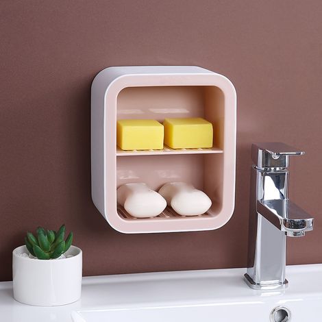 Étagère à savon murale à 2 niveaux rose nordique avec ventouse de drainage et tiroir sans perçage pour accessoires de dortoir étudiant-AquaForge (1/5)