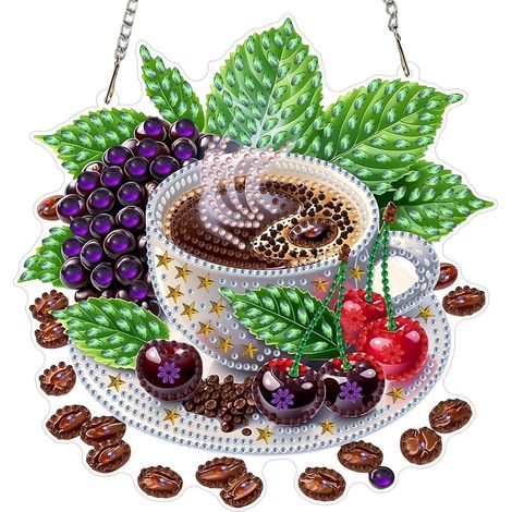 Diamond Painting Fensterbild Set Kaffee & Früchte, Hängendes Ornament für Erwachsene