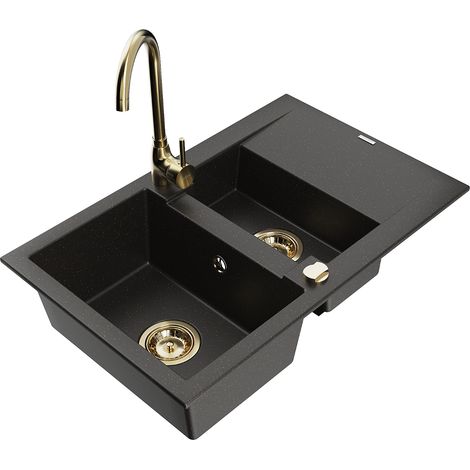 Mexen Gaspar évier en granit 1,5 bac avec égouttoir et robinet de cuisine Telma, noir/or - 6507-75-670200-50 (1/5)