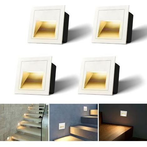 Lot de 4 Appliques murales encastrables LED 3W pour escalier, éclairage de marche, éclairage d'escalier, lampe d'éclairage d'intérieur en aluminium, blanc chaud 230V, IP54 (1/5)