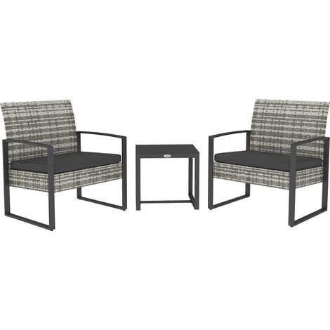 Salon de jardin 3 pièces 2 chaises avec coussins + table basse plateau verre trempé résine tressée gris clair