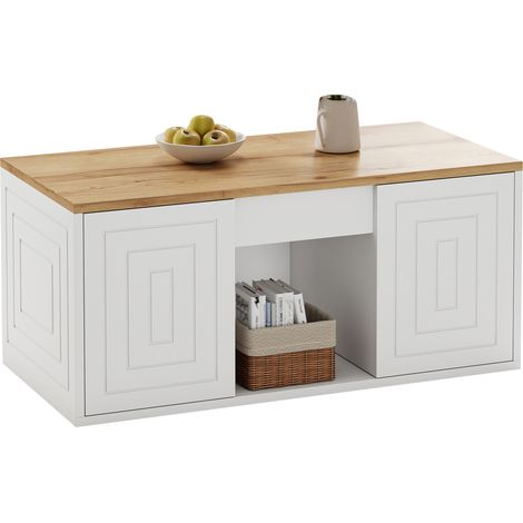 Mesa de centro elevable con almacenaje 46 x 95 x 45 cm blanco y madera natural (1/5)