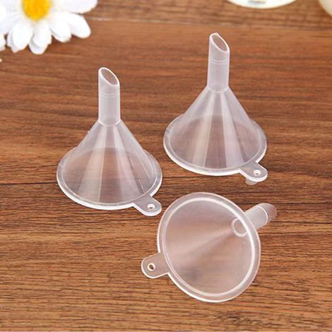 Pequeños embudos de plástico transparente para muestras de aceites esenciales en frascos de perfume (100 unidades) (1/5)