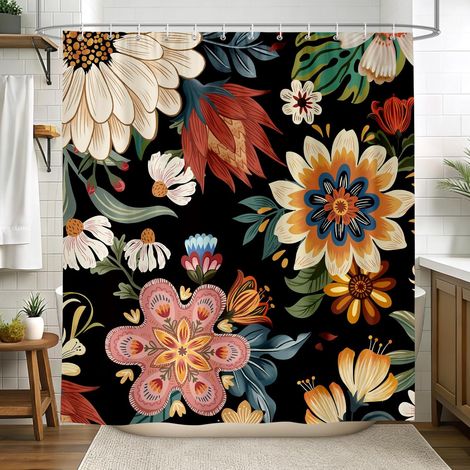 Rideau Douche 180 x 180 cm Fleurs Colorées Fond Noir Feuilles Tropical Vintage Bohème Rideaux de Baignoire Tissu Polyester Imperméable pour Salle de Bain Lavable en Machine avec 12 Crochets (1/4)