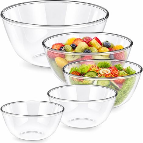 Lot de 5 bols mélangeurs en verre (4,5 l, 2,8 l, 1,6 l, 1 l, 0,8 l) - Saladiers ronds en verre - Sans BPA - Pour la conservation des aliments, la cuisine, la pâtisserie (1/5)