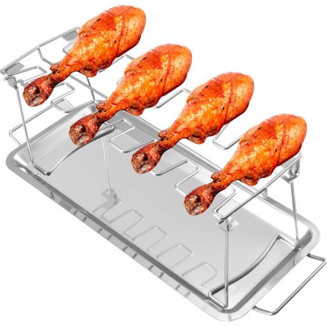 Griglia per cosce di pollo in acciaio inox – Accessori per barbecue - Griglia pieghevole con 14 scomparti – Supporto per griglia barbecue con vassoio raccogligocce – Supporto per arrostire la carne – (1/5)