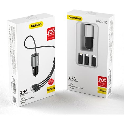 3-in-1 USB-Autoladegerät + integriertes Lightning-, USB-C- und Micro-USB-Kabel (Schwarz) (1/5)