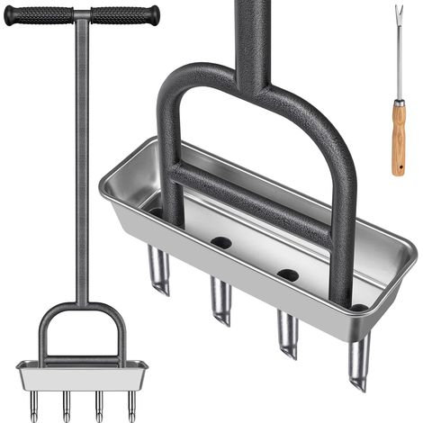 Aérateur de Gazon, Core de Pelouse Manuel Scarificateur Outil d'aération du Sol en Acier Inoxydable 4 Dents Creuse avec Plateau de Rangement pour Ameublir le Sol et Améliorer la Pelouse,93cm (1/5)