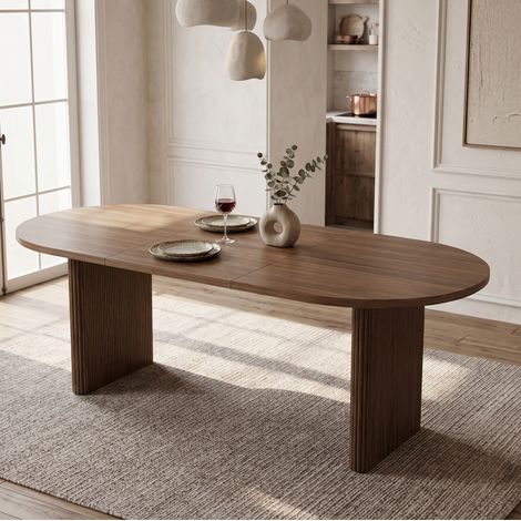 Tavolo da pranzo allungabile 140/200x90 cm per 6-8 persone, bordi arrotondati, piano spesso, MDF - noce (1/5)