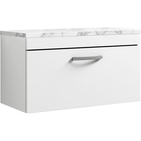 Nuie Athena Wall Hung 1-Drawer Vanity Unit with Carrera Marble Worktop 800mm Wide - Gloss White (1/4)