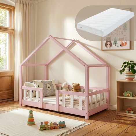 Cama para niños Treviolo forma de casa pino + colchón 70x140 cm - Rosa / Blanco [en.casa] (1/5)
