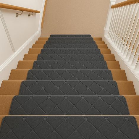 Youyijia 15PCS Anti-Slip Stair Tread Pads - 65x20cm Carpet Stair Treads Mats Self Reused Step Protectors Cover Mat for Kids Elders Pets Stair Carpet Tiles Black (Gery 2) (1/5)