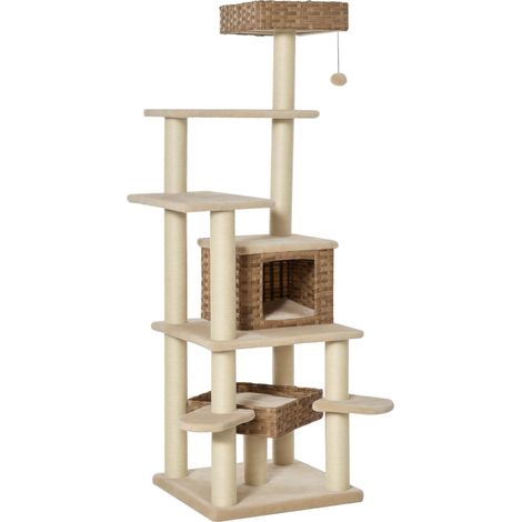 Arbre à chat en rougein avec niche, arbre à chat à plusieurs niveaux, arbre à chat grimpant, MDF E1 en sisal, beige et marron, 55 x 55 x 174 cm