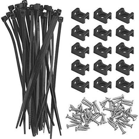 Lot de 100 supports de serre-câbles et 100 serre-câbles avec 100 vis à tête plate, gestion des câbles pour bureau et maison - Noir (taille 2) (1/5)