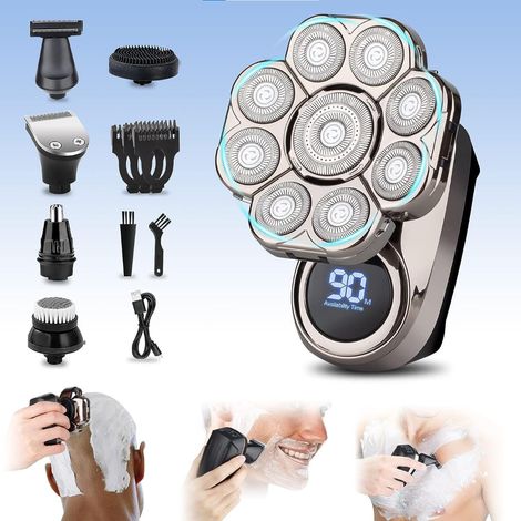 Rasoir Chauve Homme Électrique 8-en-1 – Tondeuse Crâne 0 mm avec Écran LCD, 9 Têtes Flottantes, IPX7 – Rasoir Visage & Corps avec Brosse Nettoyante, Coupe Nez & Massage (1/5)
