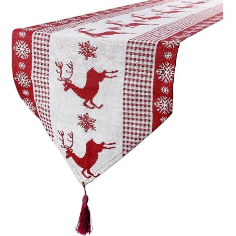 Nappe 1 pièce chemin de table noël blanc rouge motif wapiti lin décoration fête noël restaurant cuisine 33x180 cm (1/2)