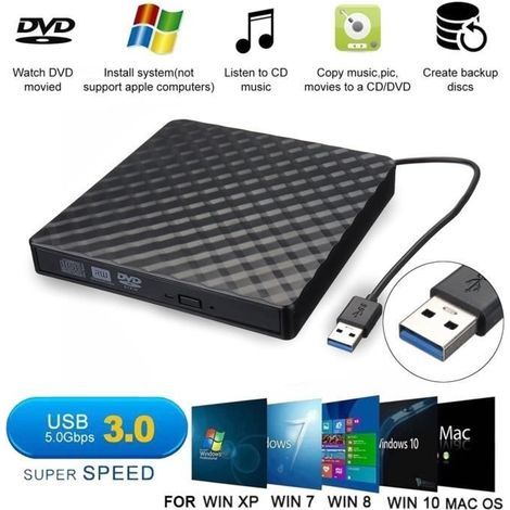 Lecteur CD DVD Externe USB 3.0 - YIKXIULF - Graveur CD - Noir - Windows/Mac (1/4)