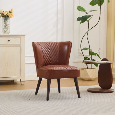Poltrona lounge in pelle marrone con base in legno massello e cuciture diagonali,56x62x72 cm (1/5)