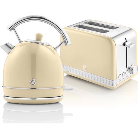 SWAN STP7050CNEU Retro Set Desayuno Hervidor de Agua 1,8 L Inalámbrico, Tostadora 2 Rebanadas Anchas, Vintage 850W Crema