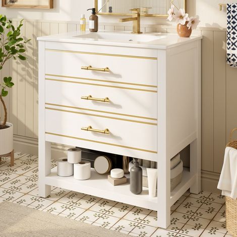 CHICFURN Mobile lavabo 76 x 46,5 x 86 cm in MDF bianco e oro con lavabo in ceramica (1/5)