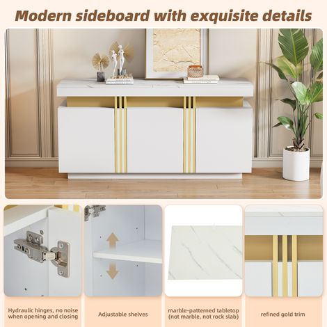 Buffet blanc moderne 140x38x70cm 3 portes séparateurs réglables larges casiers sans poignée pour cuisine salon couloir.